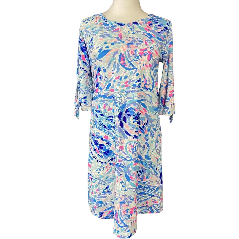 Lilly Pulitzer T-Shirt Dress Womens S Multicolor Floral Pima Cotton 3/4 Sleeve